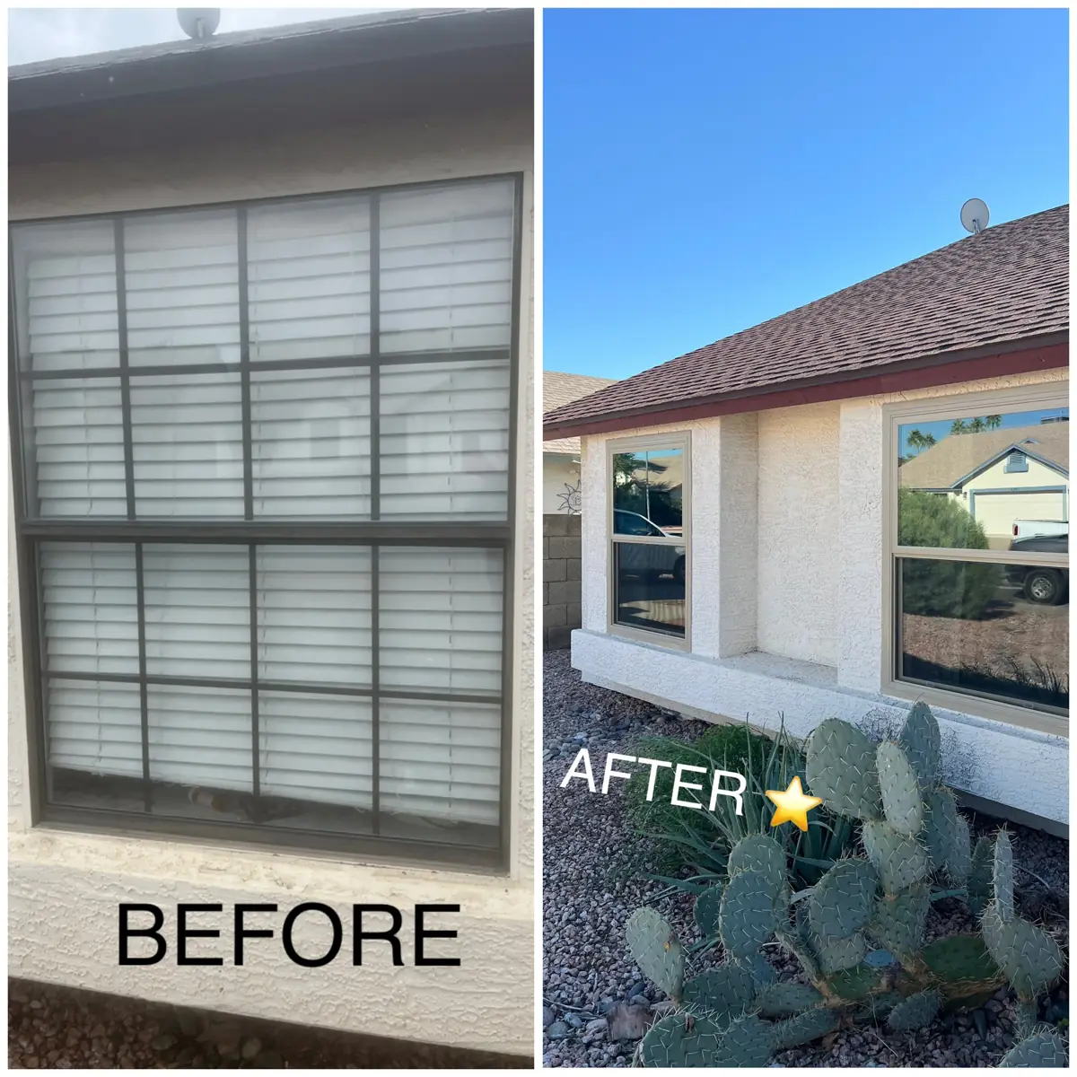 Before and after: an old window with metal grids, and the front of the same house with its new windows