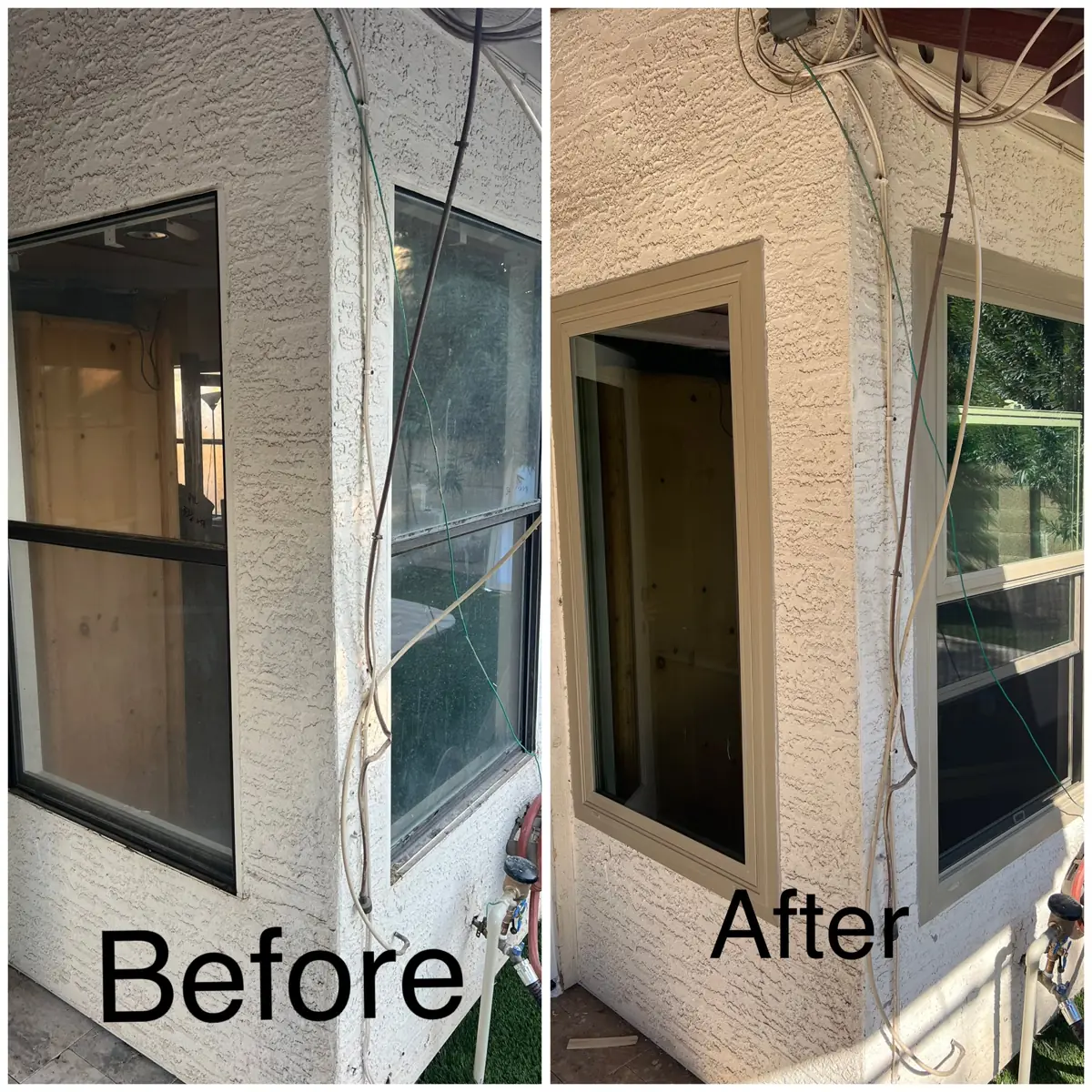 Before and after at a corner of a stucco house: the old windows, then new tan frames in the same openings